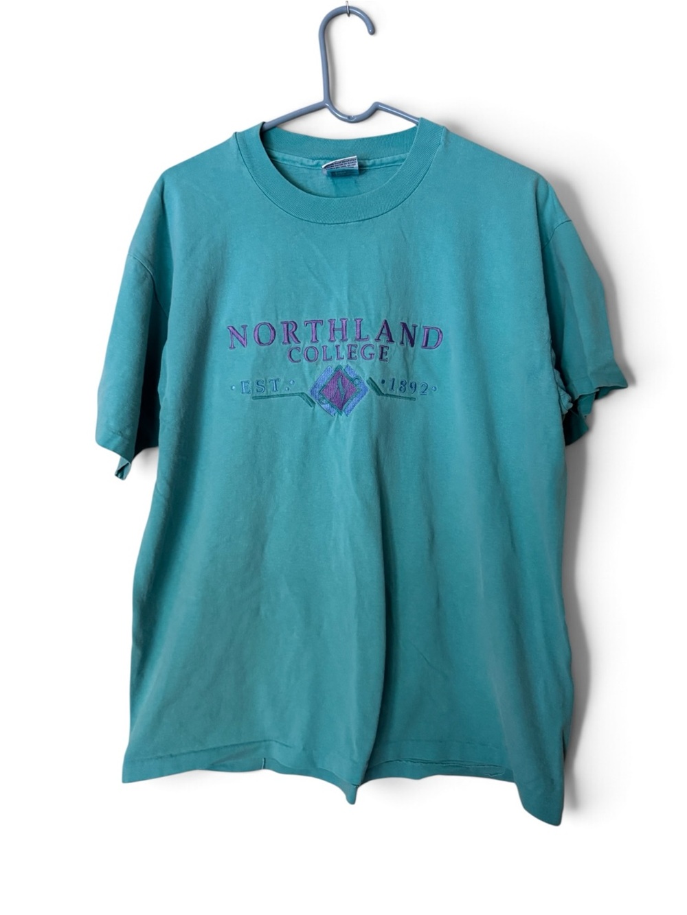 Vintage 90s Northland College Ashland Wisconsin T-shirt Embroidered Teal Purple